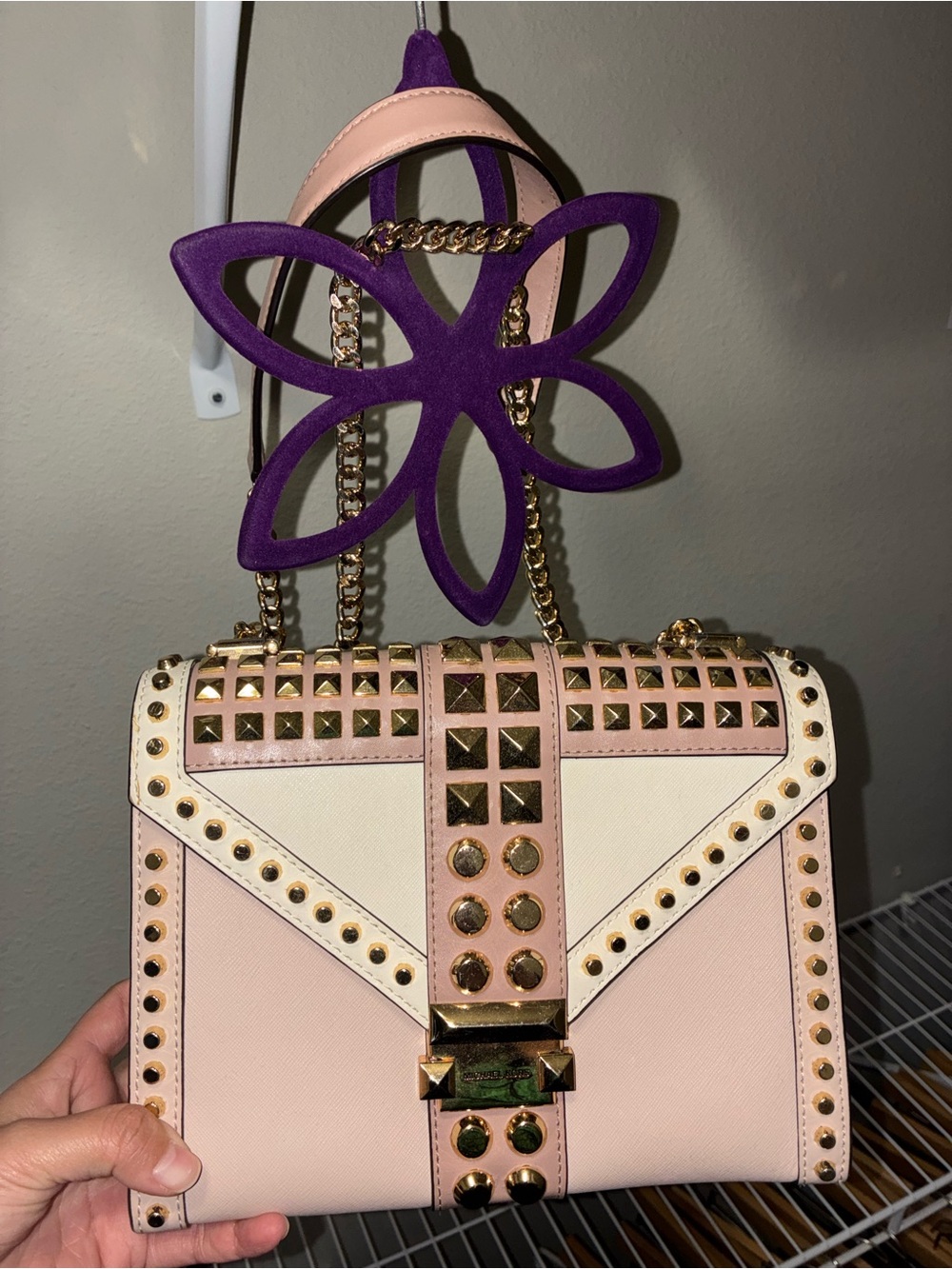 Michael Kors Pink and Cream Studded Satchel with Gold Hardware